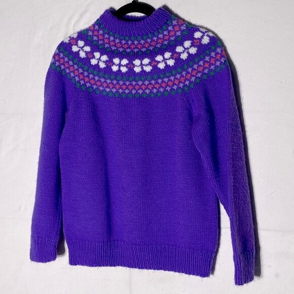 Hand Knit Purple Fair Isle Mock Neck Sweater M - Picture 2 of 11